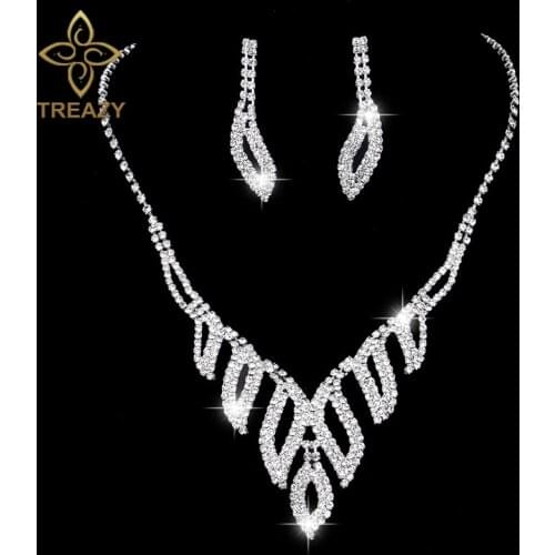 TREAZY Leaf Crystal Bridal Jewelry Sets Silver Color Rhinestone Necklace Earrings Sets Brides Wedding Jewelry for Women