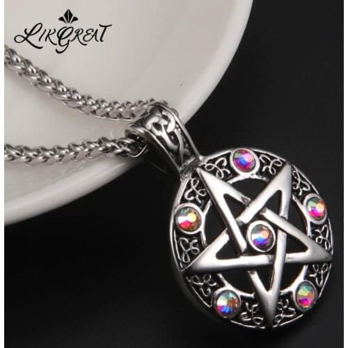 Supernatural Wicca Men Women Necklace Hollow Pentagram Pentacle Star Zircon Pendant Choker Gothic Viking Stainless Steel Jewelry
