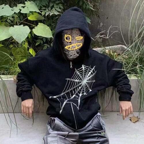 Gothic Rhinestone Spider Web Zipper Hoodie Women Y2K Streetwear Loose Hooded Jacket Couple Harajuku Punk Oversized Sweatshirts