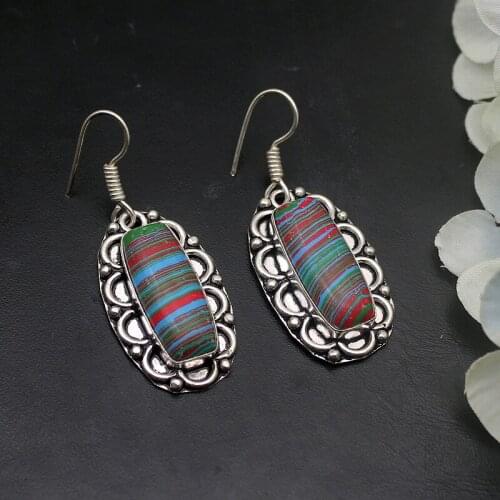 Hermosa Vintage StripeJasper Colorful Dangle Earrings For Women 1 7/8 A878