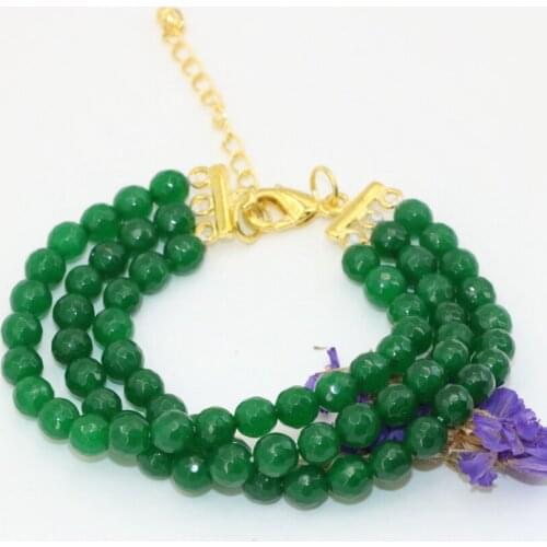 Vintage design green faceted round 6mm jades chalcedony 3 rows bracelets wholesale price clasps charms jewelry 7.5inch B2790