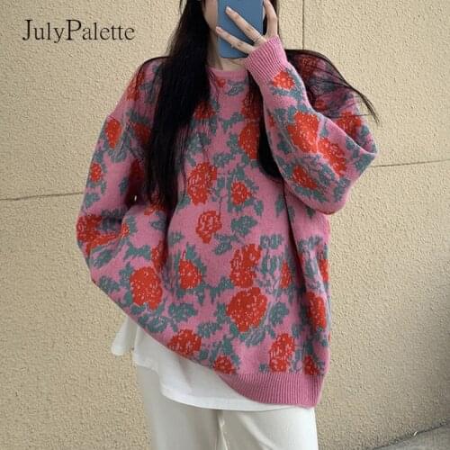 JulyPalette Vintage O-neck Loose Sweater Women Pullovers Fashion Printed Full Sleeve Knitted Jumper Autumn Winter Thick Sweater