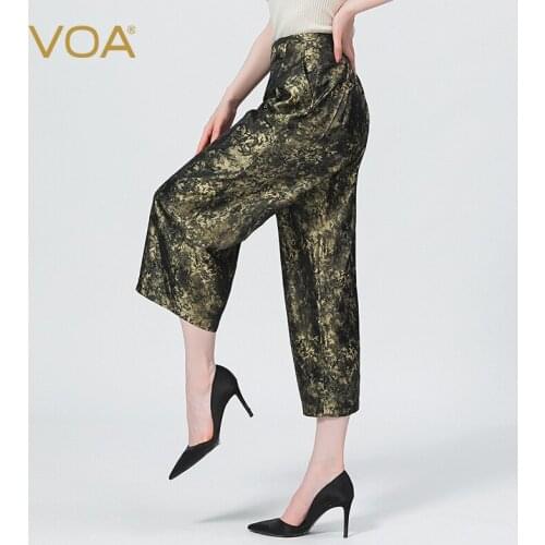 VOA Silk Yarn-dyed Jacquard Tendon Elastic Natural Waist Zipper Pleating Loose Joker Refreshing Mature Woman Pants KE537