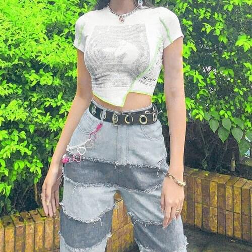 Uclio Ladies Fashion Print Irregular All-Match T-Shirt White