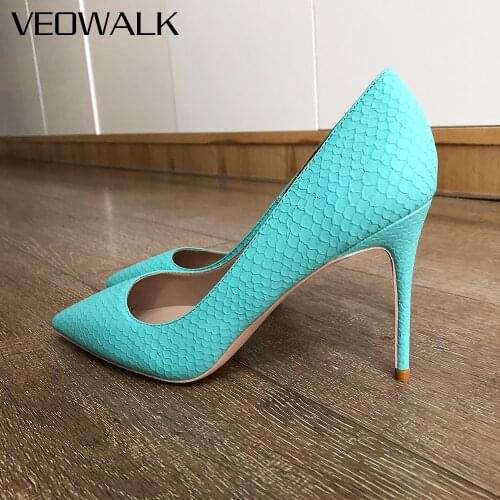 Veowalk Mint Green Croc-Effect Women Sexy Stiletto Pumps 8cm 10cm 12cm High Heel Pointed Toe Dress Shoes for Ladies Size 33 45