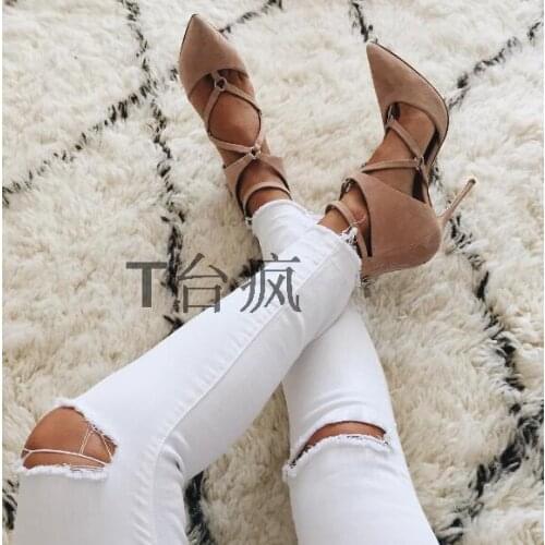 Designer pointed toe crisscross strap high heel women pumps fashion cutouts suede stiletto heels free shipping size 34 to 42