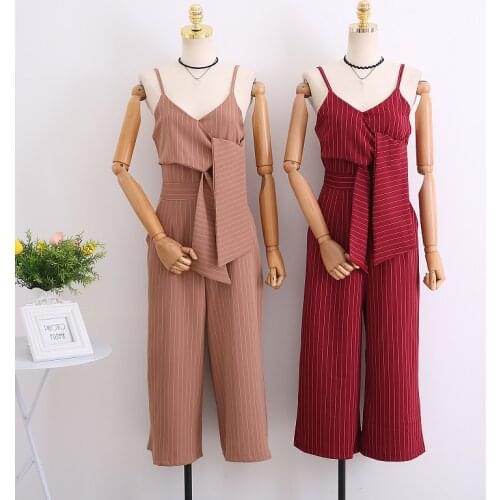 New Fashion Strap Striped Formal Jumpsuits Women Lace Up Calf-Length Pant Work Wear Rompers Female Slim Wide Leg Pants Mw261