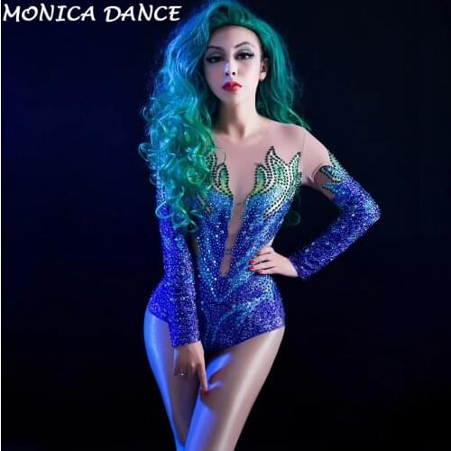 Women Stage Sparkly Rhinestones Mesh Bodysuit Womens Dance Costume Dance Show Nightclub Female Singer Wear See Through Leotard