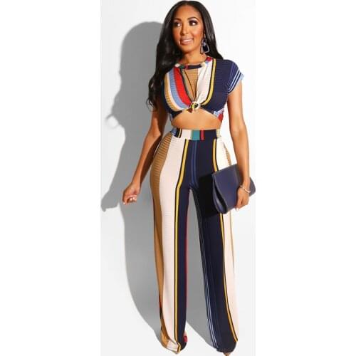 Women Tracksuit Rainbow Striped Sexy 2 Two Piece Set O Neck Short Sleeve Crop Top And Wide Leg Pant Plus Size Outfits Sweatsuit
