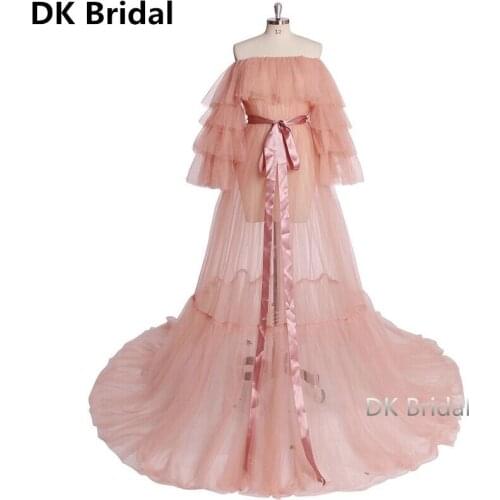 Pink Formal Evening Dresses Puffy Long Sleeves Women Boat Neck Bow Empire Evening Dresses 2019 New Dress Party robe de soiree