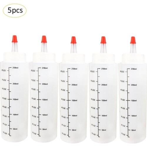 5PCS/Set 250ML Kitchen Plastic Needle-nosed Salad Bottle Sauce Seasoning Transparent Squeeze Bottle With Scale Leak-Proof Cap J2
