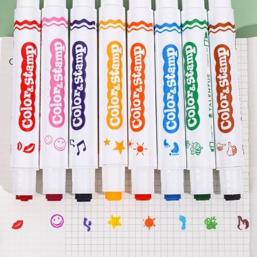 8PCS Color Childrens Watercolor Pens with Seal Color Painting Brush Washable Art Painting Mark Pen Double-end Drawing Pens