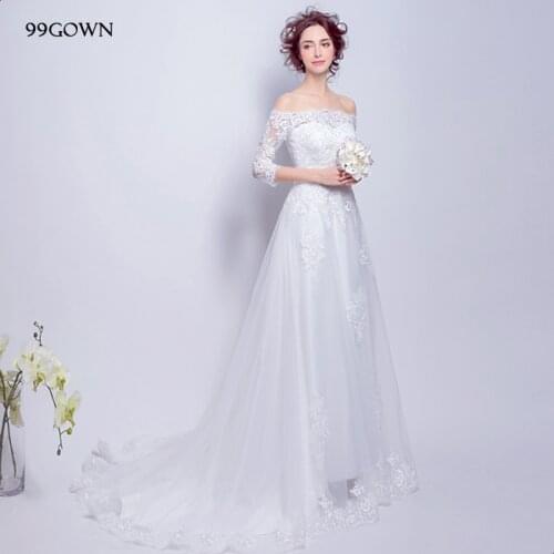 99GOWN Sexy Off Shoulder Tulle Lace Long Wedding Dresses For Women Luxury Chapel Train Back Lace-Up Wedding Gown