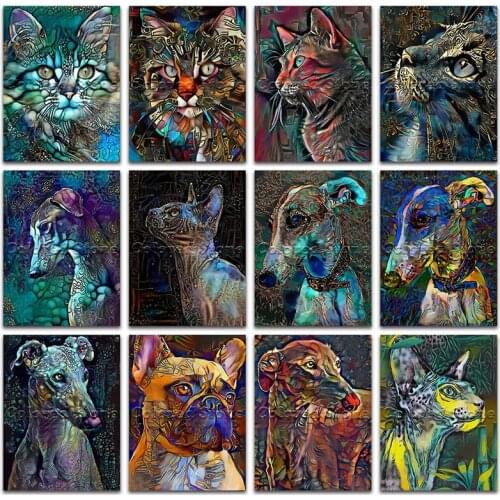 New Diamond painting Animal Colorful glass Cat dog bulldog 5D DIY Full Square Drill embroidery Cross stitch 3D Round mosaic 1075