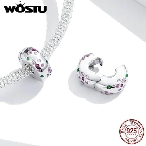 Charms Stopper WOSTU New Arrival 925 Sterling Silver Simple Blooming Flower Charms Beads Pink Color for Bracelet Jewelry FNC245