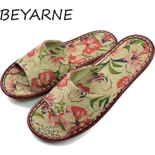 BEYARNE Printed Linen Slippers For Home Family Summer Cow Muscle Heavy-Bottomed Women Sandals Indoor Floor Slip Home Shoes E196