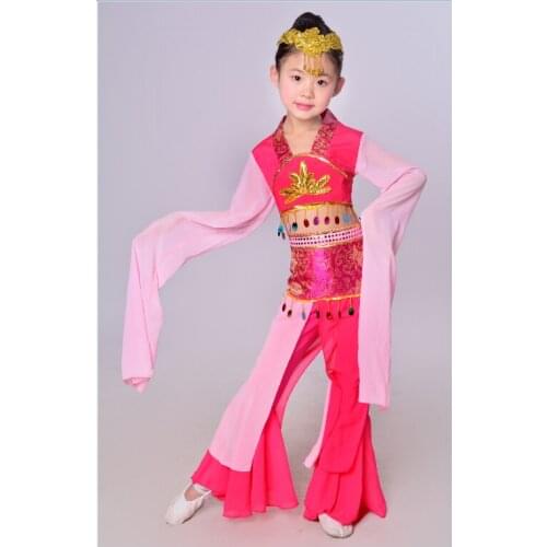 Children Classical Dance Costume Long Sleeve Rose Red / Green Ancient Traditional Yangko Dance Costume Fan Dance Costumes