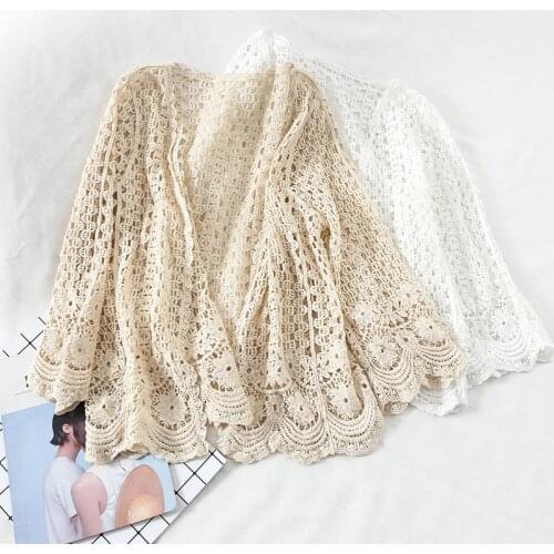 New Summer Casual Loose Hollow Out Knitted Cardigans Women Elegant Three Quarter Open Stitch Coat Sun Protection Clothing PZ1594