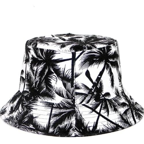 Coconut Tree Reversible Bucket Hats Mens Panama Bucket Cap Women Two Sided Wear Fisherman Hat Summer Cotton Sun Caps