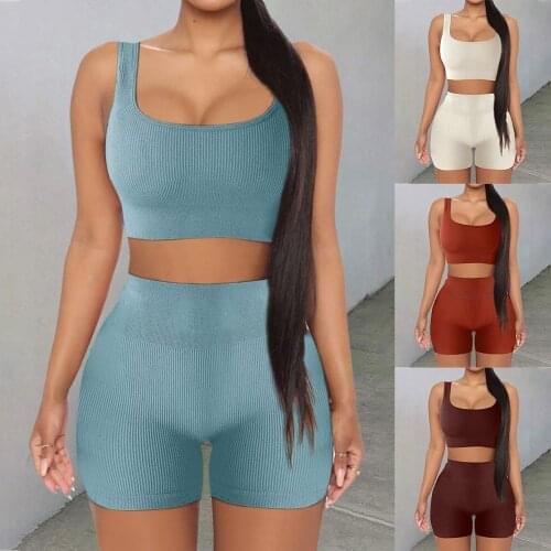 Two-piece Yoga Set Seamless Knitting Sexy Gym Sport Crop Top Bra Workout Running Leggings Shorts Tracksuit U-neck Fitness