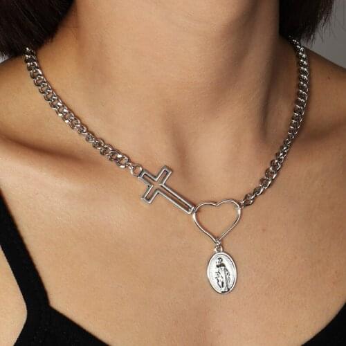 Metal Alloy Geometric Hollow Cross Heart Portrait Necklaces & Pendant For Women Gold color Chunky Chain Choker Necklace Jewelry
