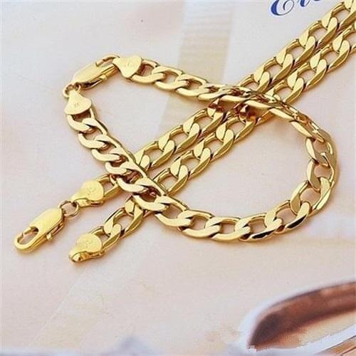 Mens or Womens Cuban Chain Necklace Bracelet Gold Filled Curb Link Chain Jewelry Set 8mm