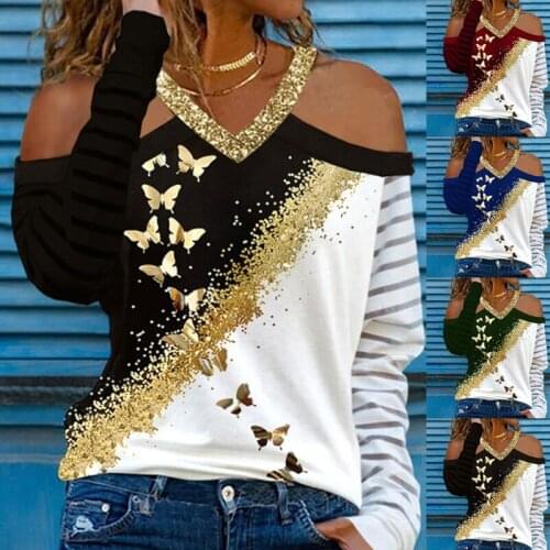 2021 Autumn New European and American Womens V-neck Casual Printed Long-Sleeved off-Shoulder Top Womens T-shirt