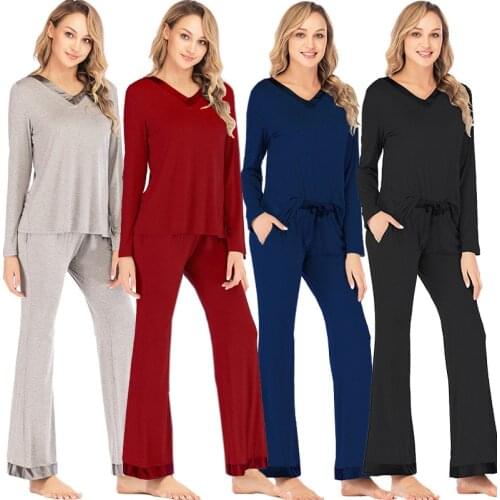 Sleeve Sleepwear Ladies Soft Loungewear HomeWear PJ Pjama Pajama Sets Sanderala Autumn Winter Women Cotton Modal Patchwork Long