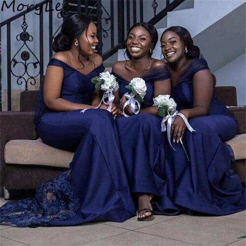 Bridesmaid Dresses Navy Off The Shoulder Mermaid Spandex Satin Lace Bridesmaid Dresses Zipper Back Wedding Party Bridemaid Gowns