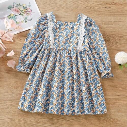 Girls Princess Dress Autumn Lace Patchwork Floral Casual Picnic Dresses Children Clothes