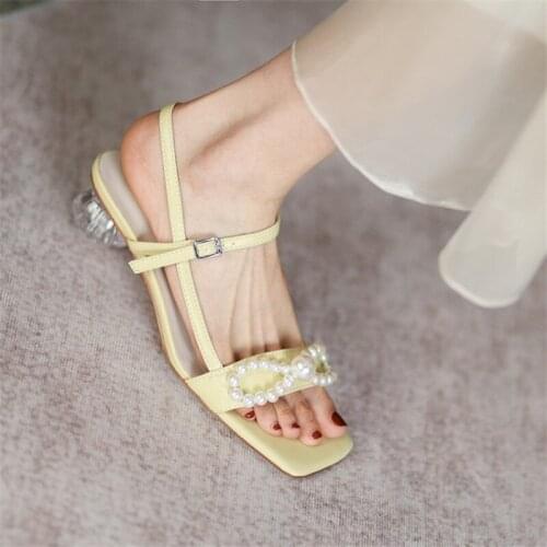 PXELENA Brand New Pearls String Beads Women Dress Sandals Crystal Strange Med Heels Ladies Shoes Party Date 2021 Summer Blue 40