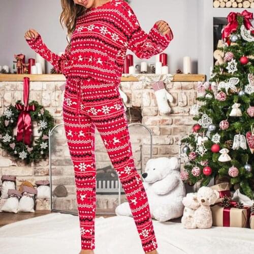 Christmas Pajamas Two Pieces Sets Women Winter Cute Long Sleeve Tops Long Pants Home Suits Fashion Sleepwear Loose Elastic