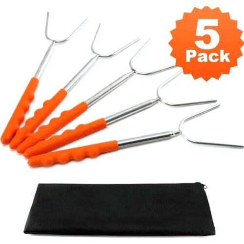 5pcs Stainless Steel Telescoping Roasting BBQ Fork Sticks for Campfire Marshmallow Hot Dog Skewer Travel Camping BBQ Tools