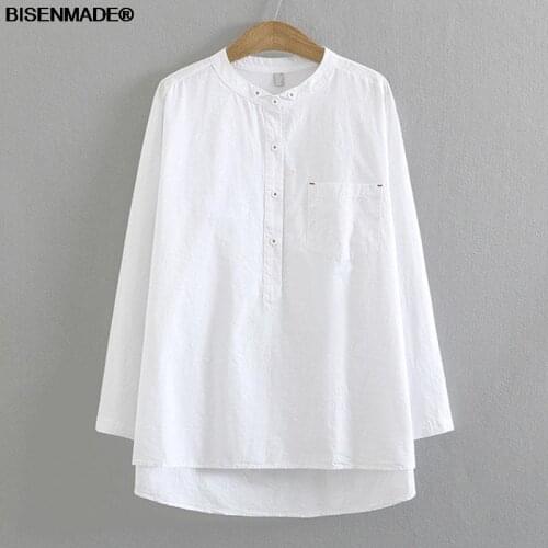 Women Clothing Blouses Plus Size 2021 Autumn New Loose VINTAGE Stand Collar Long White Shirt 8099