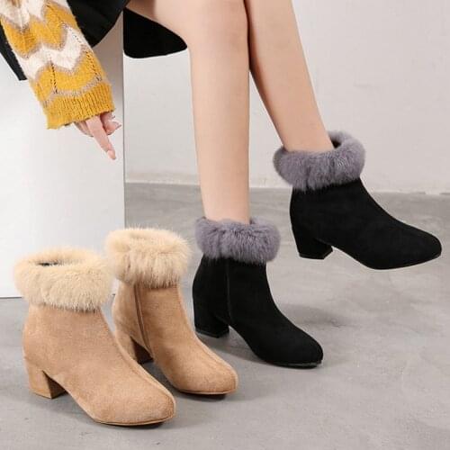 Women Ankle Boots Winter Plus Velvet Warm Shoes Trendy Pointed Toe High Heels Side Zipper Female Shoes Black Booties Botas Mujer