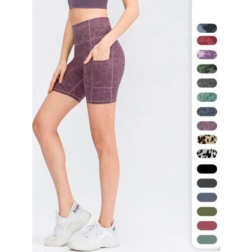Professional Women Printed Nude Yoga Shorts Slim Fit High Waist Sport Shorts Elastic Fitness Running Jogger Tights With Pocket