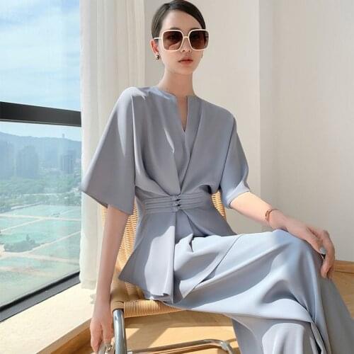 2 Piece Suit Women French Vintage V Neck Short Sleeve Top +Casual High Waist Wide Leg Trousers Female Elegant Summer Set 2021New