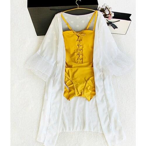 Womens swimwear one piece high waist 2020 yellow Swimsuit Bikini Female Vintage Bandage Backless Monokini Sexy Ruffle Bathsuit S