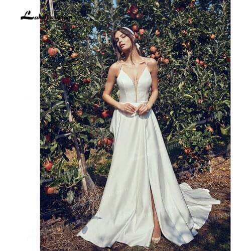 Simple Soft Satin A-Line Wedding Dresses Sexy V-Neck Sleeveless Spaghetti Straps Side Split Court Train Gowns Off The Shoulder