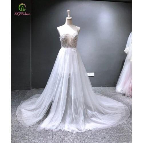 SSYFashion New Sexy Evening Dress White V-neck Long Train Lace Beading Backless Beach Gowns Prom Formal Dresses Vestido De Noche