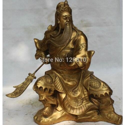 15" China Chinese Folk Brass Seat General Warrior Guan Gong Yu Statue Sculpture