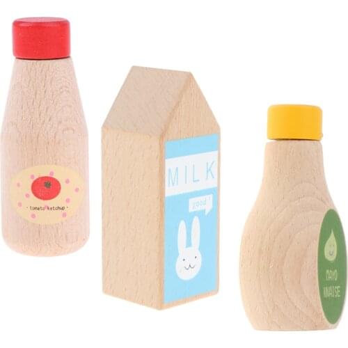 3pcs Kid Kitchen Pretend Toy Play House Wooden Tomato Ketchup Milk Bottles
