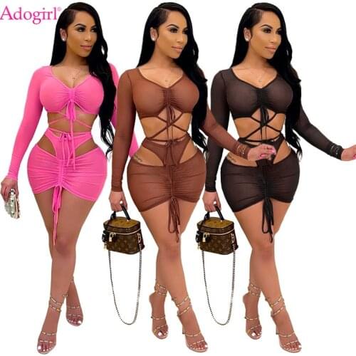 Adogirl Women Sexy Drawstring Sheer Mesh Two Piece Set Dress Lace Up V Neck Long Sleeve Crop Top Bodycon Mini Skirt Club Suit