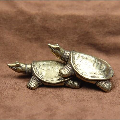 Antique Copper Mini Turtle Decorations Chinese Classical Brass Tea Pets Vintage Crafts Miniature Figurine Home Decor Accessories