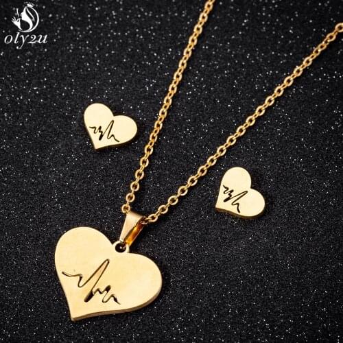 Fashion Heart Shaped Stainless Steel Chain Necklaces for Women Men Simple Heartbeat Earrings Girls Wedding Jewelry Set Accessory