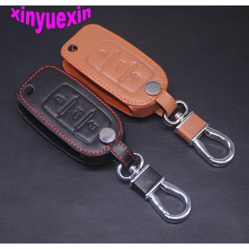 Xinyuexin Leather Car Key Cover Fob Case For VW Jetta Golf Passat Beetle Polo Bora Flip Key Jacket With Keychain No Logo 3Button