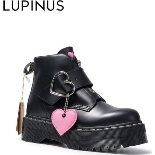 LUPINUS Black Patent Leather Ankle Boots For Women Lace Up Platform Boots Women Winter Warm Plush Women Boots Street Style Shoes