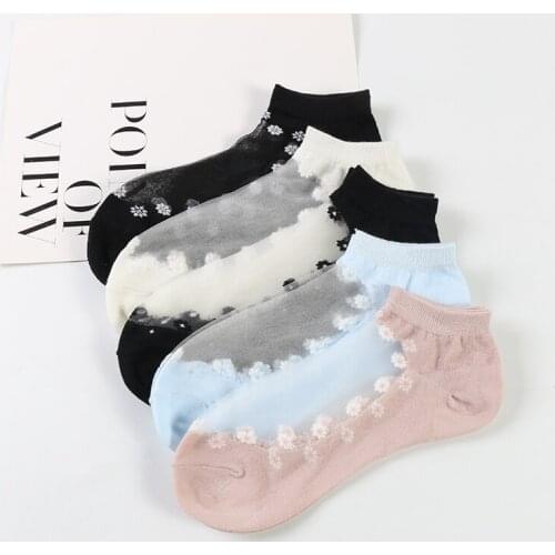 DONG AI 5 pairs transparent casual fashion small flowers glass silk womens socks ankle breathable