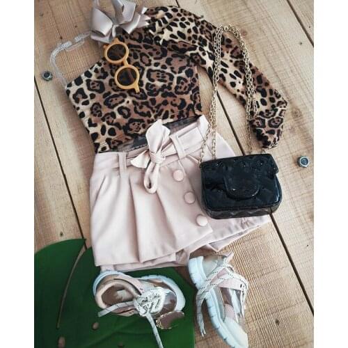 1-6Years Fashion Autumn Children Girls Clothes Sets 2pcs Leopard Print One Shoulder T-shirts+Button Short Skirts Casual Outfits