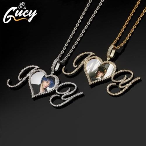GUCY Hip Hop Cursive Name Letters & Custom Made Photo Heart Pendants Necklaces Cubic Zircon For Men Jewelry With Solid Back